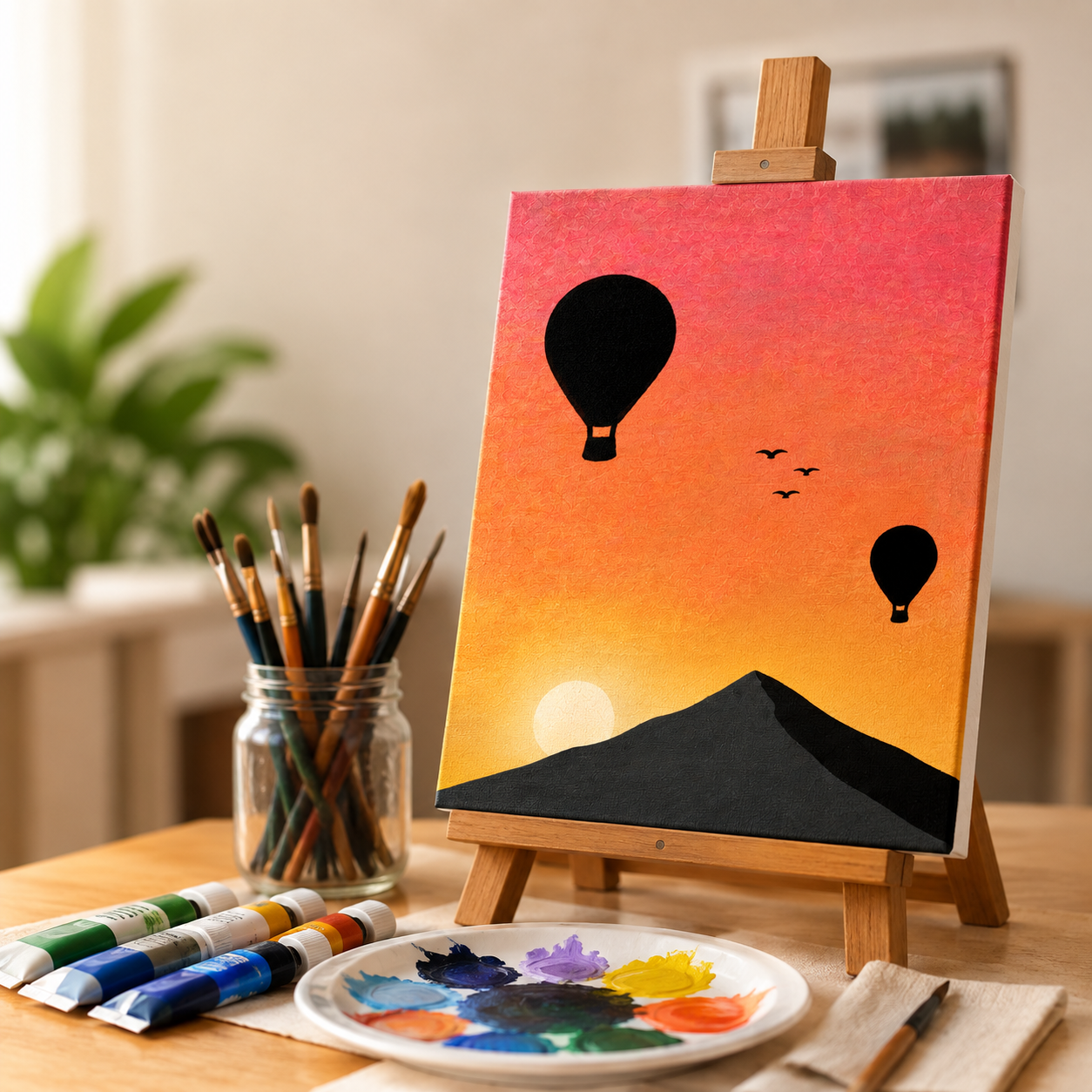 Student's painting setup with easel and acrylic paints